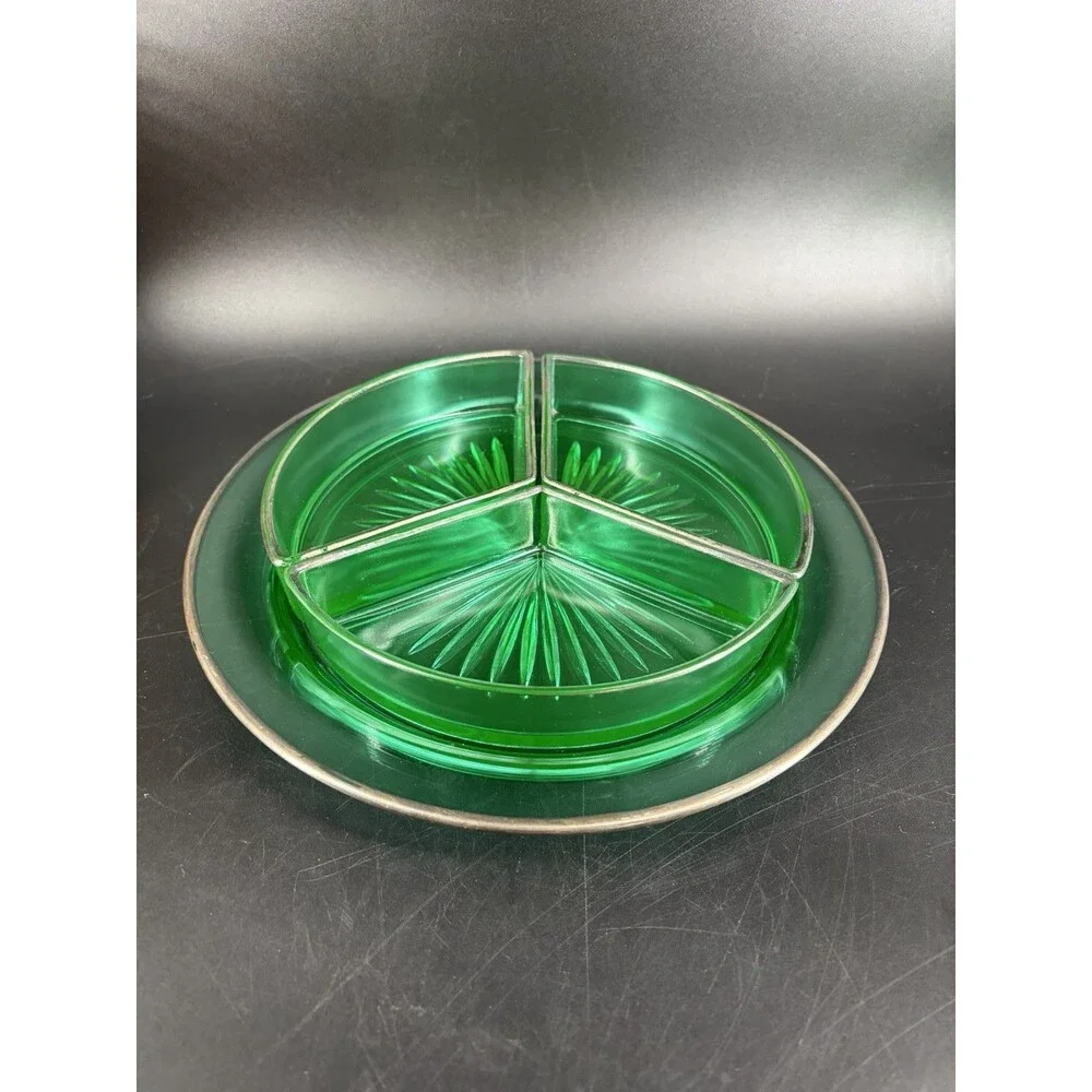 Vintage Green Depression Uranium Glass 4 Piece Large Silver Divided Dish Glow